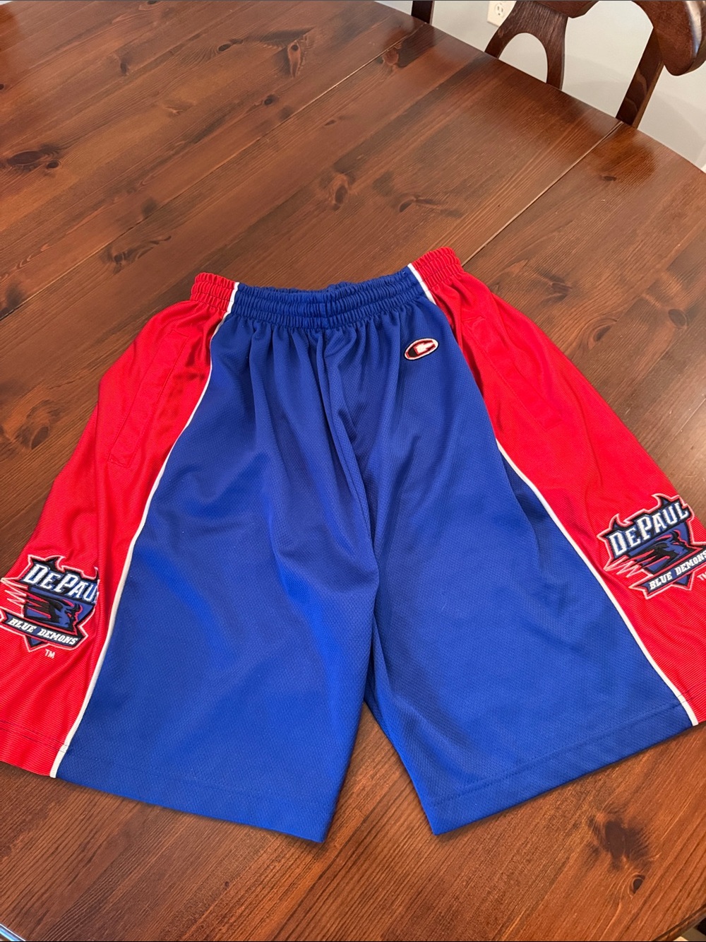 Vintage Champion Men’s Blue and Red Athletic Shorts with DePaul Logos